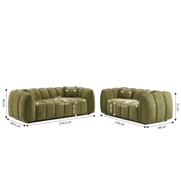 Ensemble canapés droits fixes 3+2 MATILDA tissu chenille vert