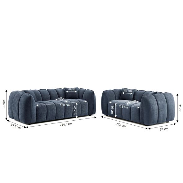 Ensemble canapés droits fixes 3+2 MATILDA tissu chenille bleu