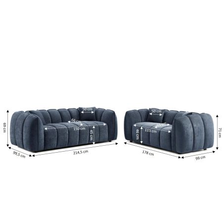 Ensemble canapés droits fixes 3+2 MATILDA tissu chenille bleu