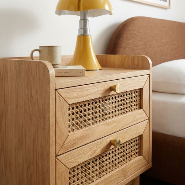 Table de chevet LEON placage chêne et cannage rotin