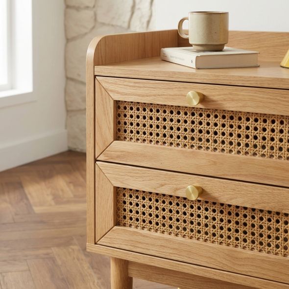 Table de chevet LEON placage chêne et cannage rotin