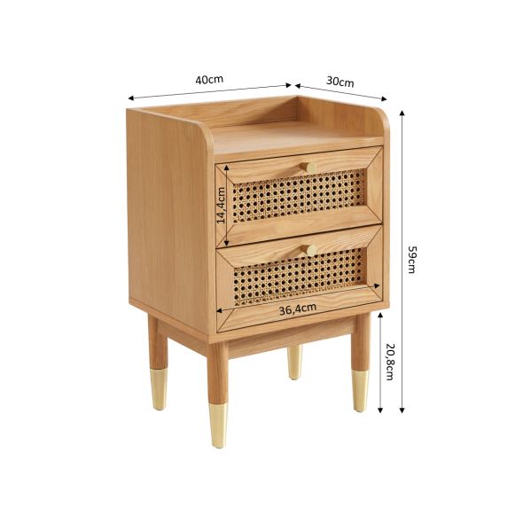 Table de chevet LEON placage chêne et cannage rotin