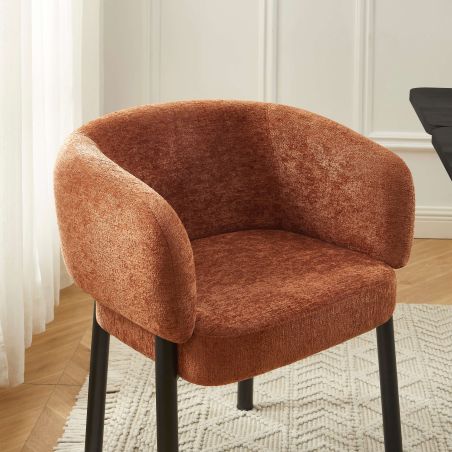 Fauteuil de table ABELIA chenille terracotta et pieds métal noir