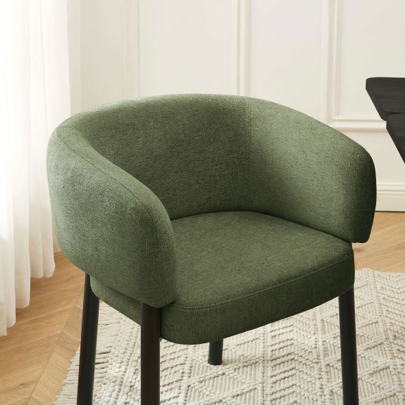 Fauteuil de table ABELIA velours tramé vert et pieds métal noir