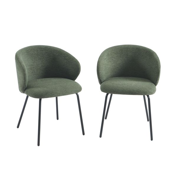 Lot de 2 chaises CASSIE tissu chenille vert et pieds métal noir