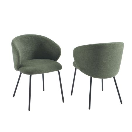 Lot de 2 chaises CASSIE tissu chenille vert et pieds métal noir