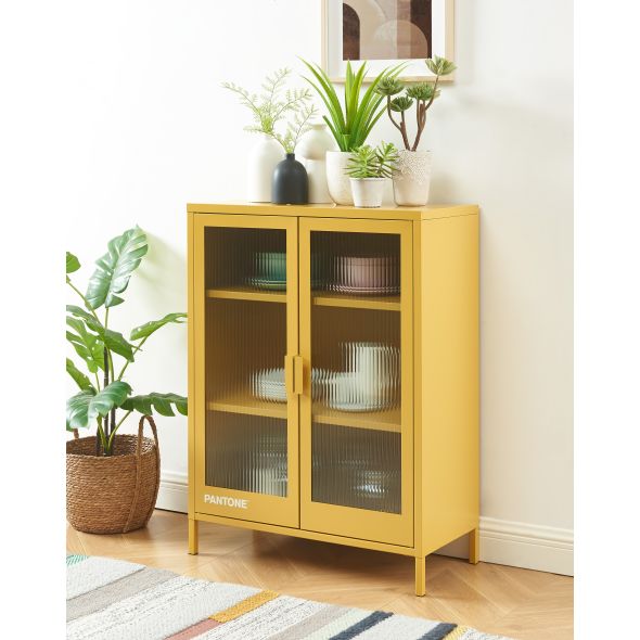 Buffet PANTONE jaune moutarde portes en verre cannelé 75cm