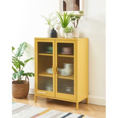 Buffet PANTONE jaune moutarde portes en verre cannelé 75cm