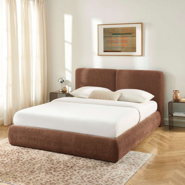 Lit coffre YOKA 160x200 velours côtelé marron sommier inclus